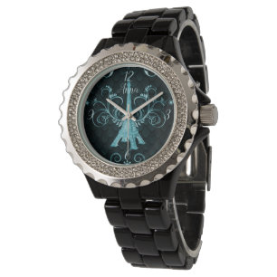 Relógio Eiffel Tower Teal Floral Swirls Watch