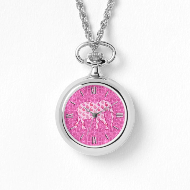 Relógio Elefante de Paisley - rosa-gelo e fuchsia (Frente)