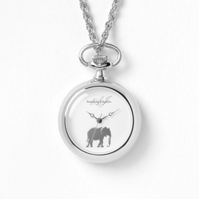 Relógio Elefante Prata Elegante Monograma Sofisticado Pers (Frente)