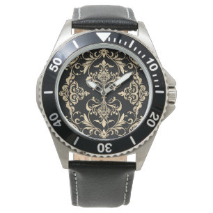 Relógio Elegância Clássica, Padrão Dourado Preto Mosaico, 