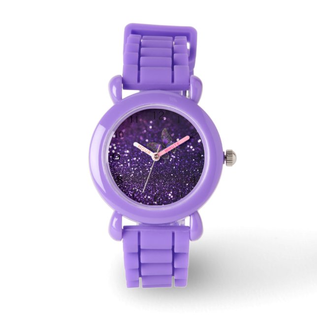 Relógio Elegância Encantadora: A Borboleta Roxa Sparkle (Frente)