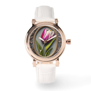 Relógio Elegância Fluida: Tulipa Rosa em Design Art Nouvea