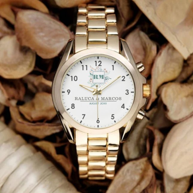 Relógio Elegant Boho Floral Monogram Couple’s Name  (Criador carregado)