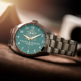 Relógio Elegant Monogram green and gold Couple names