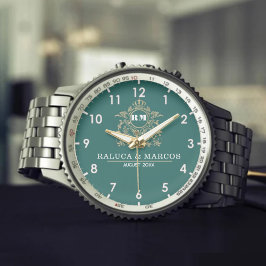 Relógio Elegant Monogram green and gold Couple names
