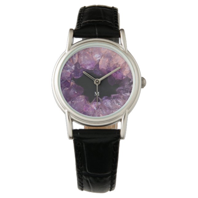 Relógio Elegant purple amethyst mineral pattern monogram (Frente)