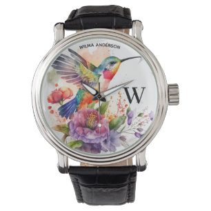 Relógio Elegante Aquarela Hummingbird Monograma Com Nome