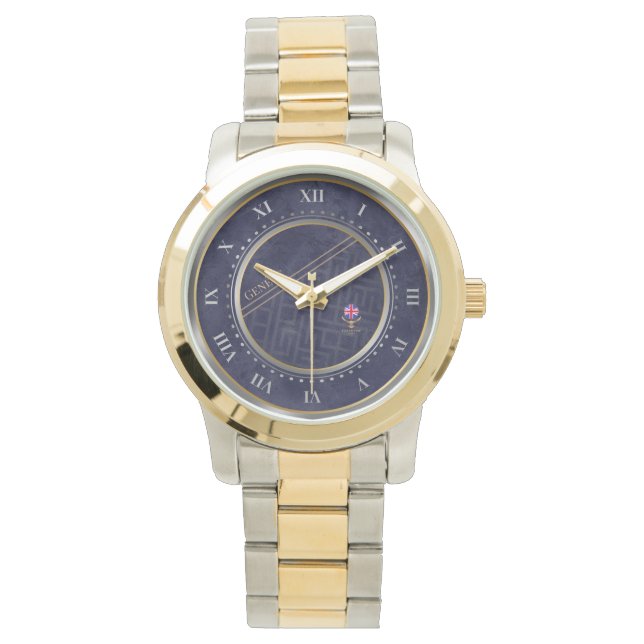 Relógio Elegante Azul-Marinho Prata e Dourado Metálico (Frente)