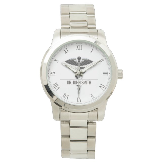 Relógio Elegante Black White Medical Classy Nome do Caduce (Frente)