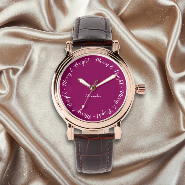 Relógio Elegante Bonito Estiloso Chic Feliz Natal (An elegant watch with magenta face and 'Merry & Bright' caption around the edge)