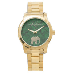 Relógio Elegante Dourado Elefante Emerald Green Monograma
