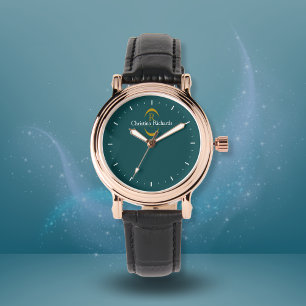 Relógio Elegante Dourado Monograma Teal Moderno