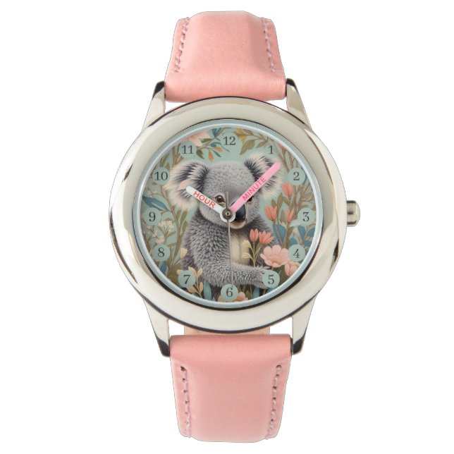 Relógio Elegante Floral Pastel Koala Fofo (Frente)