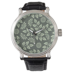 Relógio Elegante Floral Vintage Verde Sage