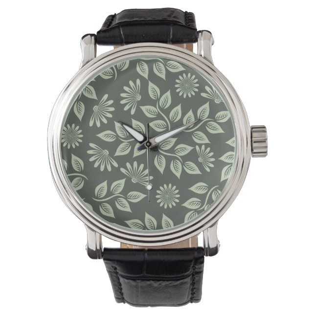Relógio Elegante Floral Vintage Verde Sage (Frente)