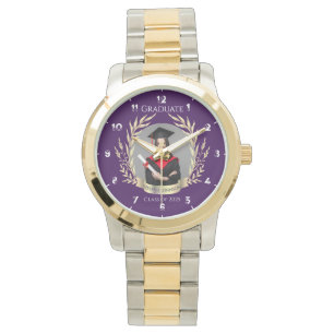 Relógio Elegante Graduação de Foto Roxo e Dourado