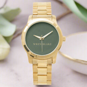 Relógio Elegante Luxury Dark Verde e Nome Dourado Aniversá