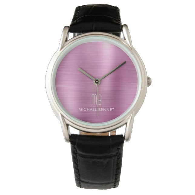 Relógio Elegante Monograma Rosa Metálico Brilhante (Frente)