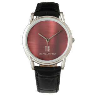 Relógio Elegante Monograma Vermelho Bruto Metálico