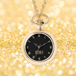 Relógio Elegante Na moda Dourado Monogramas Necklace Watch<br><div class="desc">Crie o seu próprio na moda, personalizado, elegante, elegante e elegante falso ouro e horas negras, monogramas, mulheres, estacas e correntes de liga, relógio de colar de ouro. Basta digitar seu nome / monograma / iniciais, para personalizar. Faz um presente de excelente, para aniversário, graduação, dia de as mães, natal,...</div>