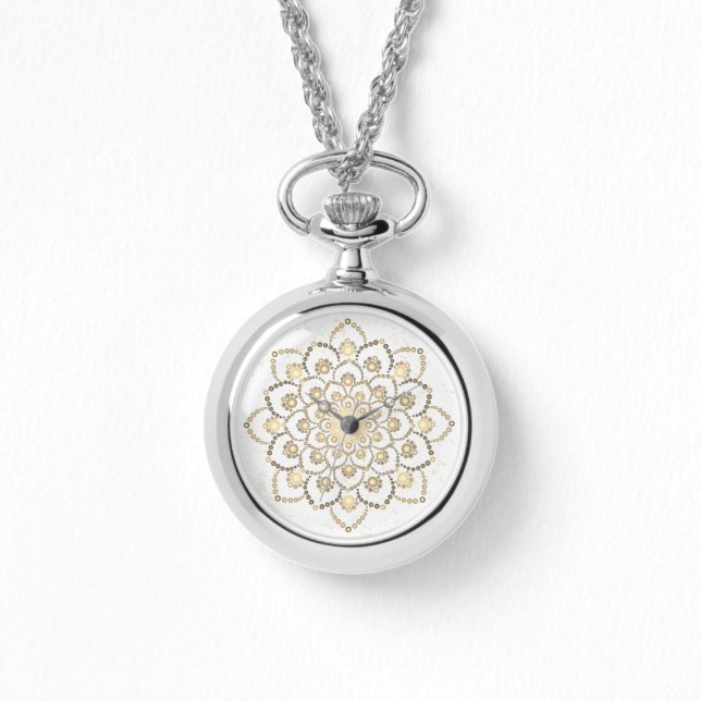 Relógio Elegante Ouro e White Dot Mandala (Frente)