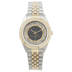 Relógio Elegante Ouro Preto com Folha de Prata Personaliza