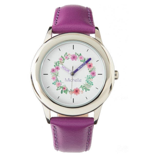 Relógio Elegante Purple Floral Custom Name Women's Watch (Frente)
