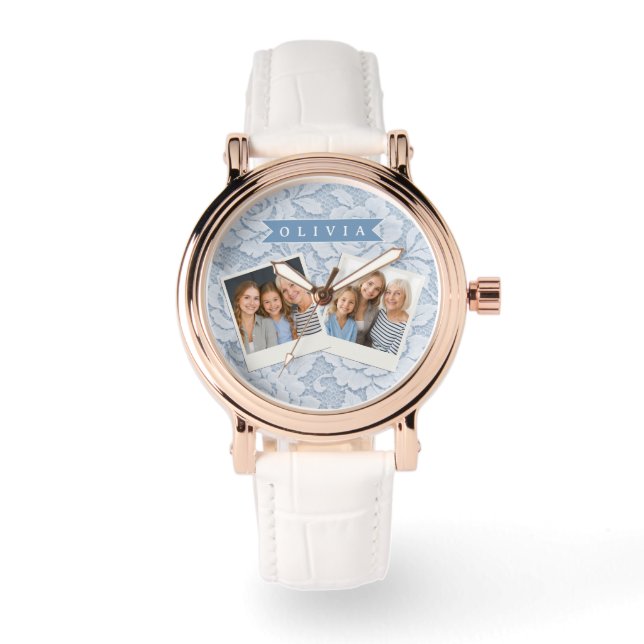 Relógio Elegante Romântico Floral de Renda Azul Personaliz (Frente)