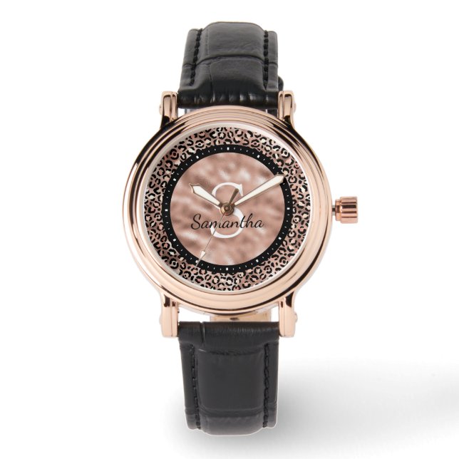 Relógio Elegante Rosa Chic Impressão De Leopardo Nome Mono (Frente)