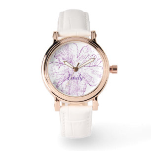 Relógio Elegante Rosa Dourado e Couro Branco Floral Roxa