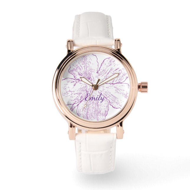 Relógio Elegante Rosa Dourado e Couro Branco Floral Roxa (Frente)
