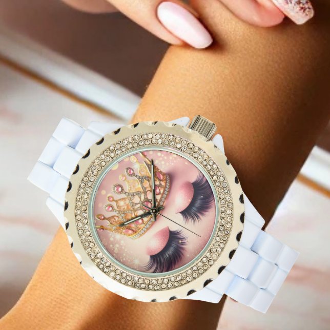 Relógio Elegante, Rosa e Dourado, Eyelashes da Coroa (Sparkle in style with this elegant crown & lashes watch—glamour on your wrist!)