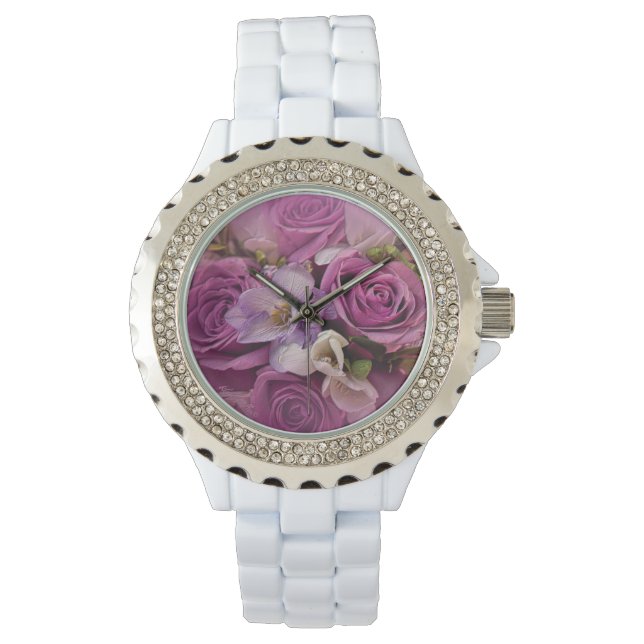 Relógio Elegante Rosa E Roxo, Rose Bouquet Watch (Frente)