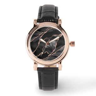 Relógio Elegante Rosa Negra Dourada Folha de Ágata