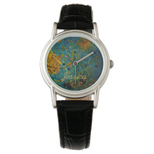Relógio Elegante Vinha Abstrata Azul e Dourada Personaliza