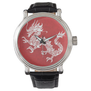 Relógio Emblema Tribal do Dragão Chinês Vintage Vermelho