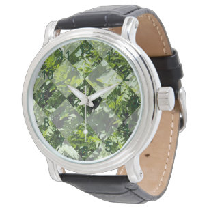 Relógio Emerald Elegance: Folhas Verdes em Diamond Cut,