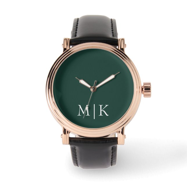 Relógio Emerald Green e White | Monograma Moderno (Frente)
