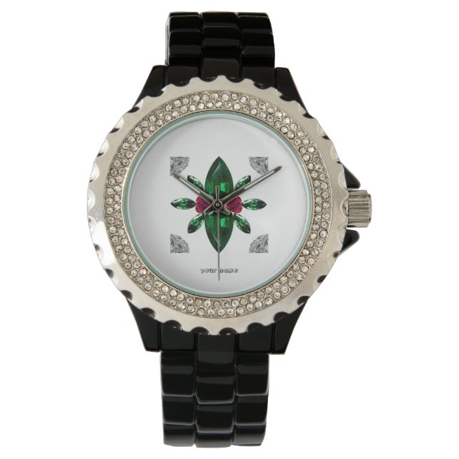 Relógio Emerald Ruby Diamond Gemstone Art Red Green (Frente)