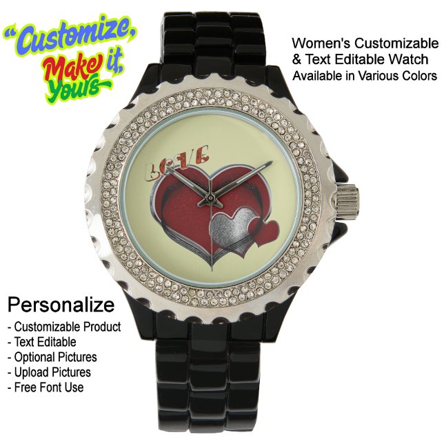 Relógio Enamelo Preto Rinoestone Amarelo-Coração (Women's Heart Magic Black Rhinestone Enamel Watch Featuring Yellow Face)