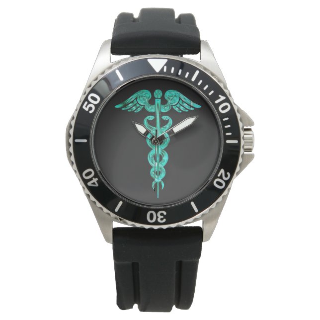 Relógio Enfermeiro Negro Turquesa Caduceus Watch (Frente)