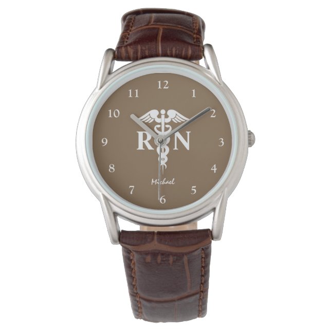 Relógio Enfermeiro RN Formando Caduceus Mens Brown (Frente)