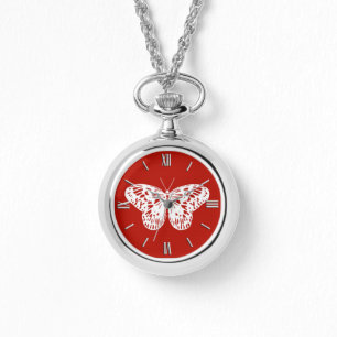 Relógio Esboço da borboleta, vermelho e branco profundos