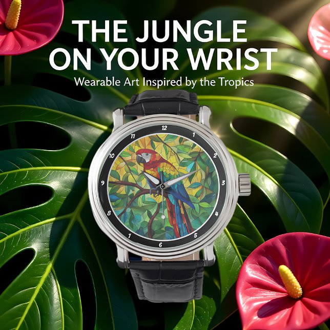 Relógio "Esplendor Tropical" - Arara em Vidro Estampado (Criador carregado)