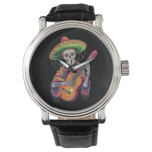 Relógio Esqueleto De Cinco De Mayo Guitarra De Festa Crâni