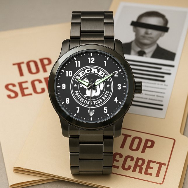 Relógio Esquilo Secreto "Protegendo Seus Nuts" Preto (Secret Squirrel Protecting Your-Nuts Black Stainless-Steel Watch)