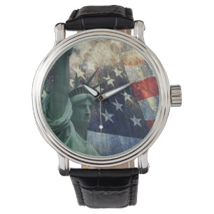 Relógio Estátua da Liberdade & Bandeira Americana com Fire