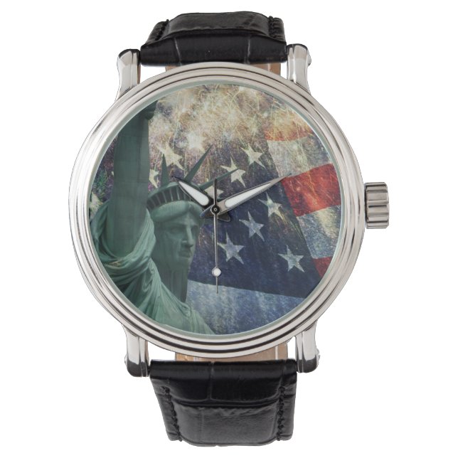 Relógio Estátua da Liberdade & Bandeira Americana com Fire (Frente)