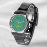 Relógio eWatch de tapetes verdes do Quilter<br><div class="desc">Aqui está um presente para uma colcha,  um charco ou uma costureira feitos totalmente únicos para ela por você. É a face design é uma réplica em miniatura da clássica malha verde de tapetes de corte com sotaques pretos e amarelos e sala para personalizá-la com seu nome.</div>