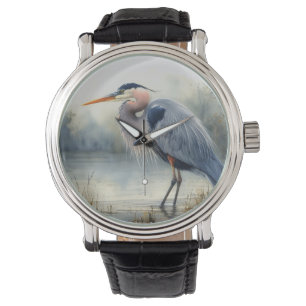 Relógio Excelente de Aquarela Azul Herão Água Aves Selvage